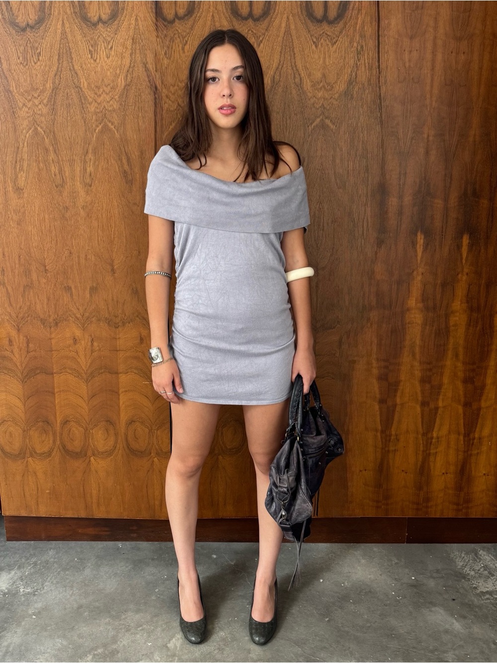 Express Off-Shoulder Mini Dress in Light Gray
